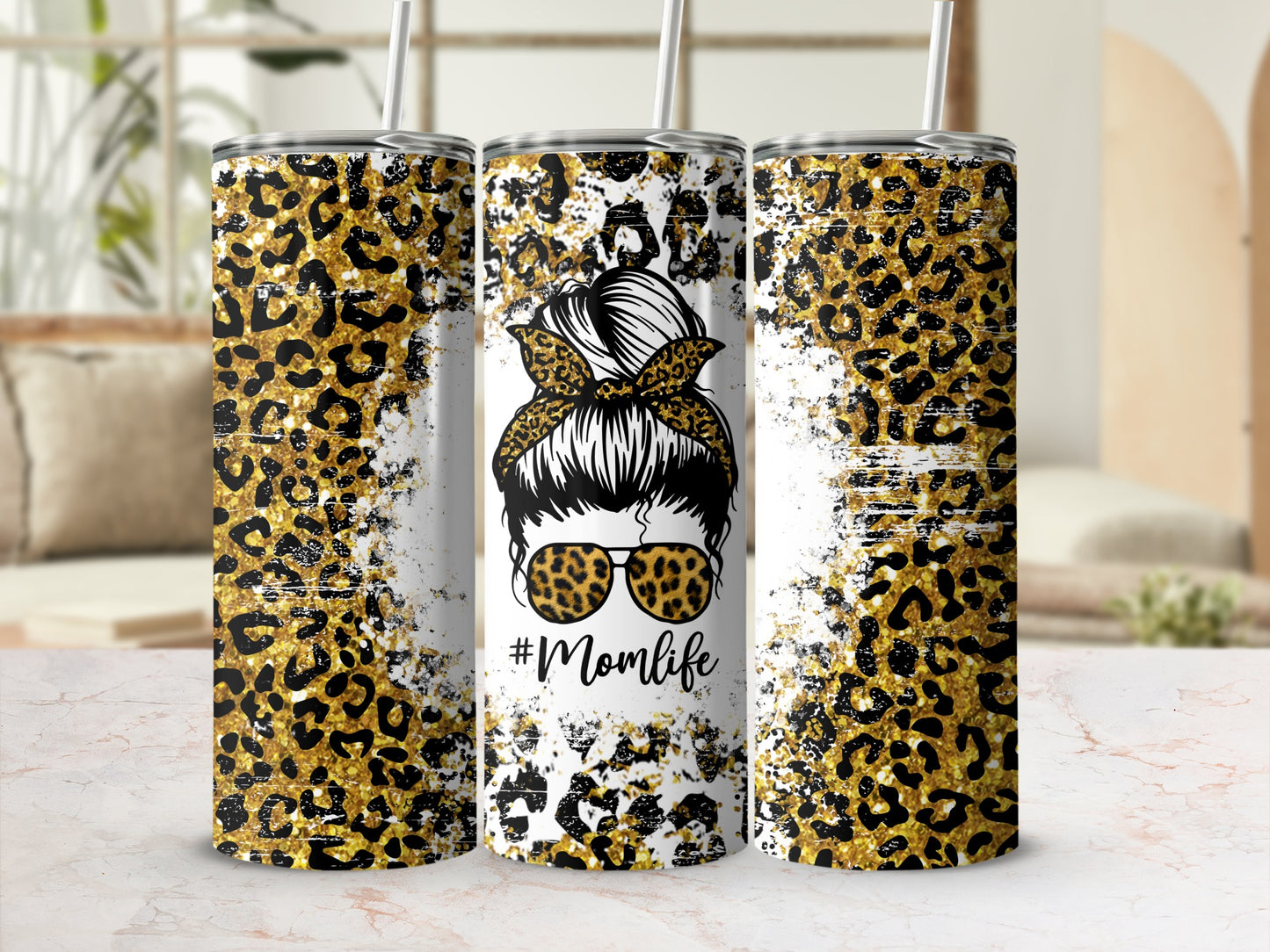 Leopard print tumbler with "#Momlife" text and a woman's silhouette.