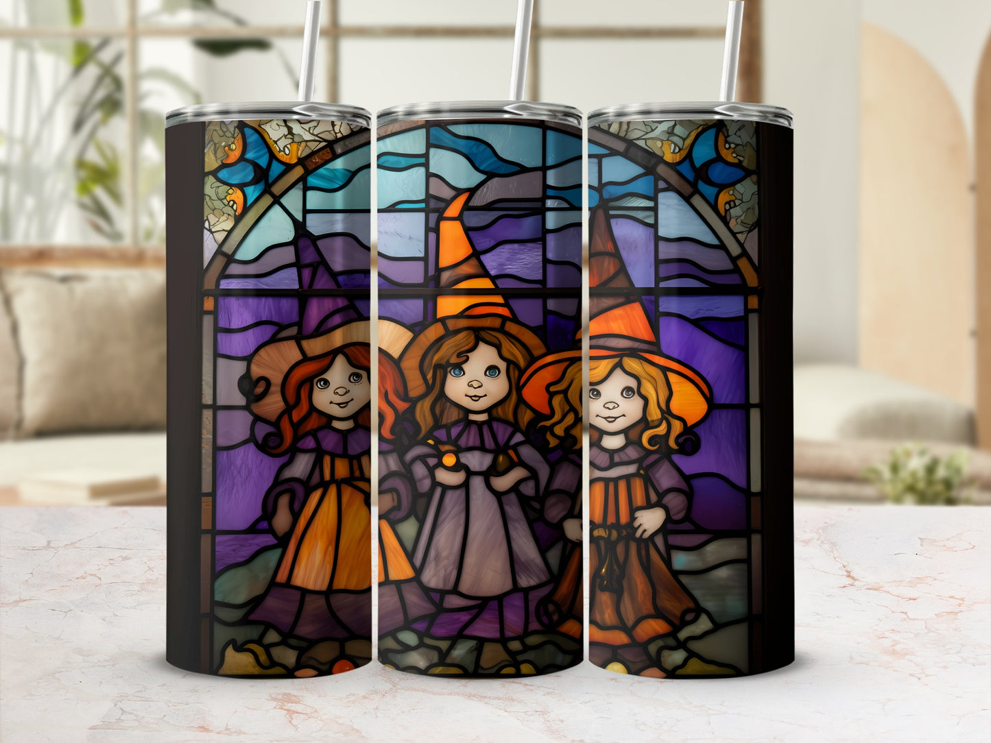 Three stained glass witches in colorful hats and dresses, holding candy.