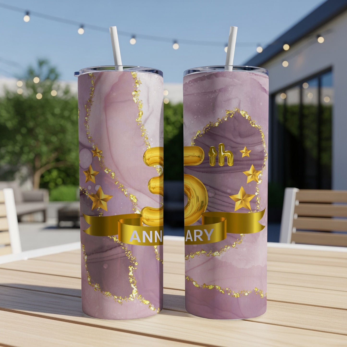 Marble-patterned tumbler with "33rd Anniversary" text and gold stars.