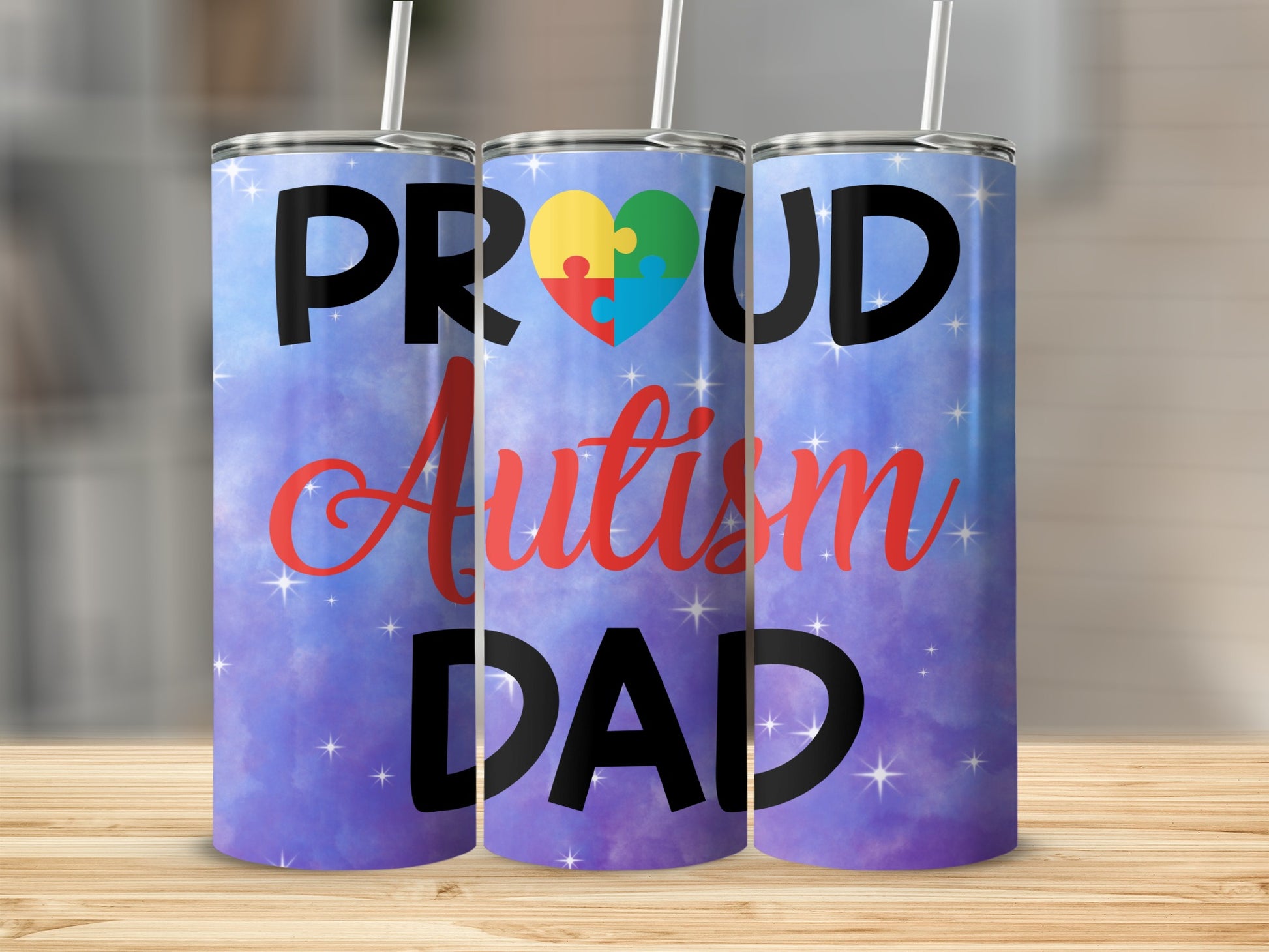 Proud Autism Dad Colorful Tumbler with Straw
