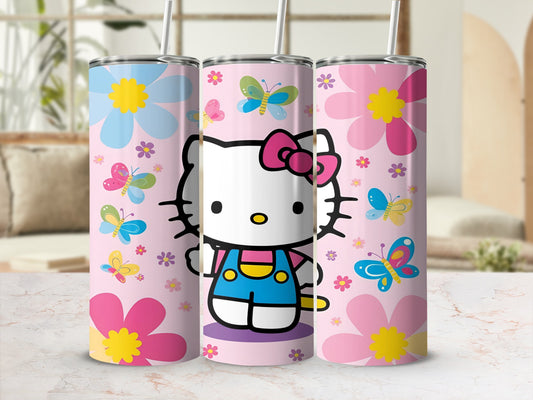 Hello Kitty in overalls with butterflies and flowers on a pink background.