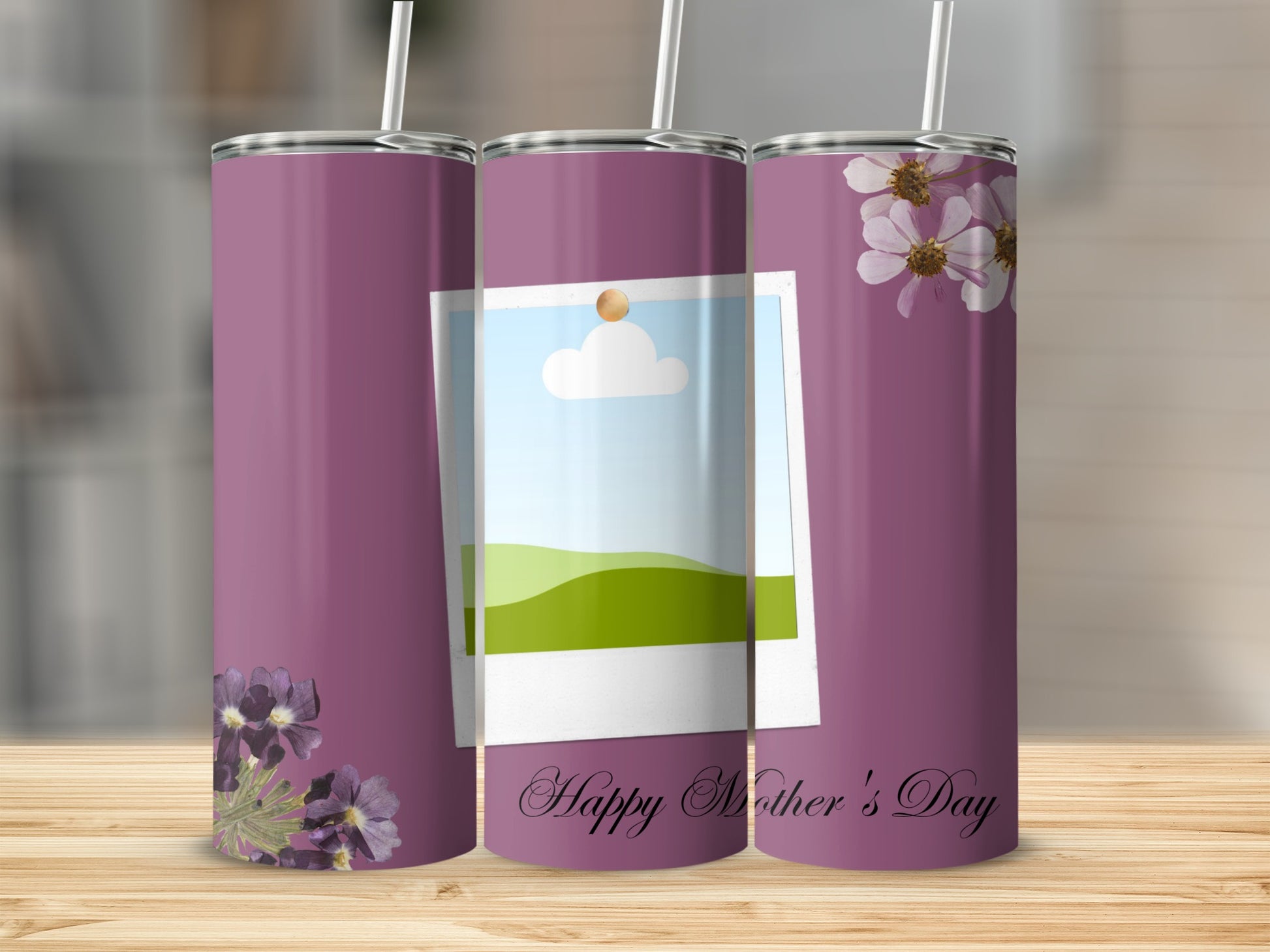 Purple tumblers with floral accents and "Happy Mother's Day" text.