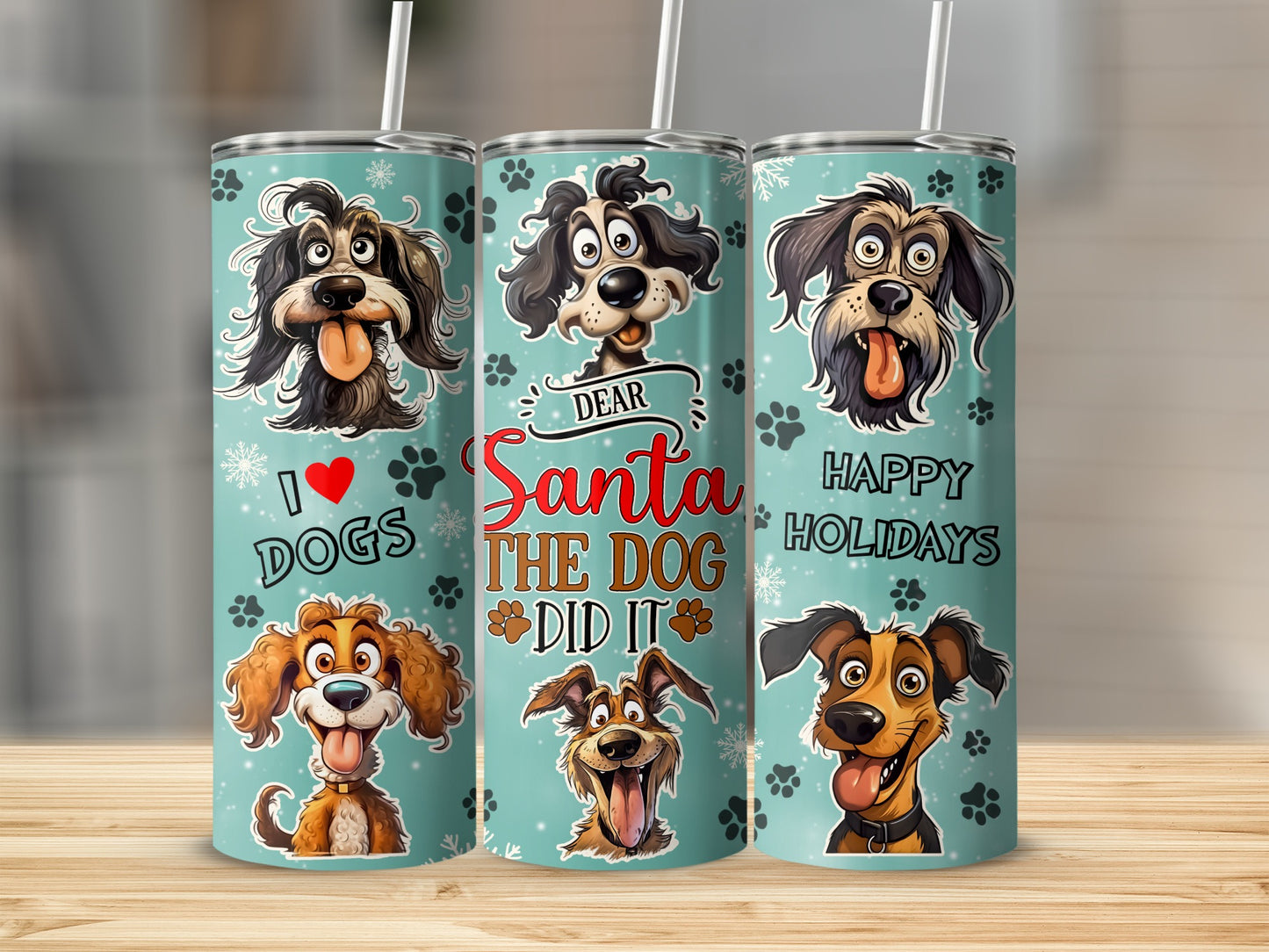 Three dog-themed tumblers with festive text.