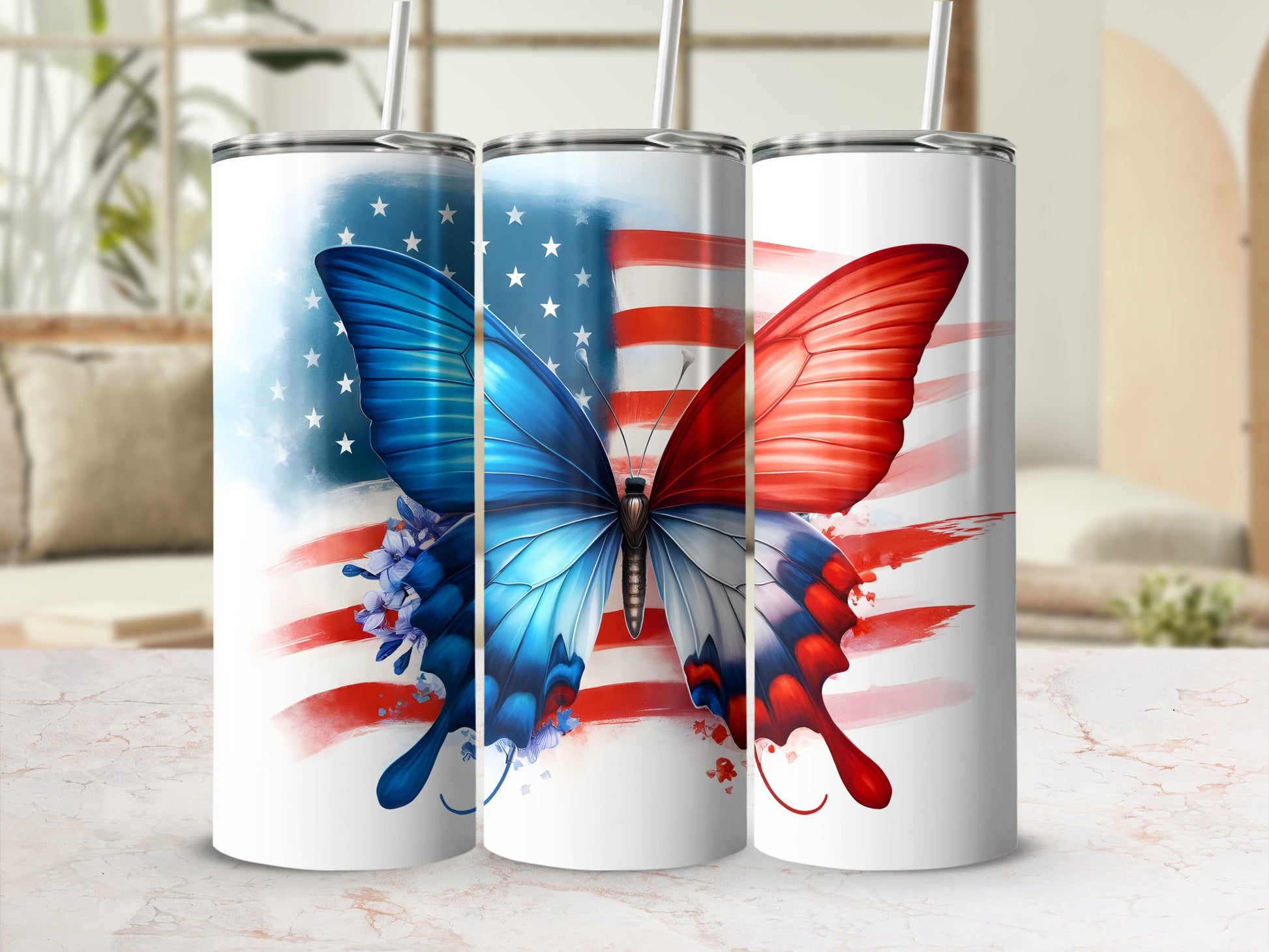 Tumbler with patriotic butterfly and American flag design.