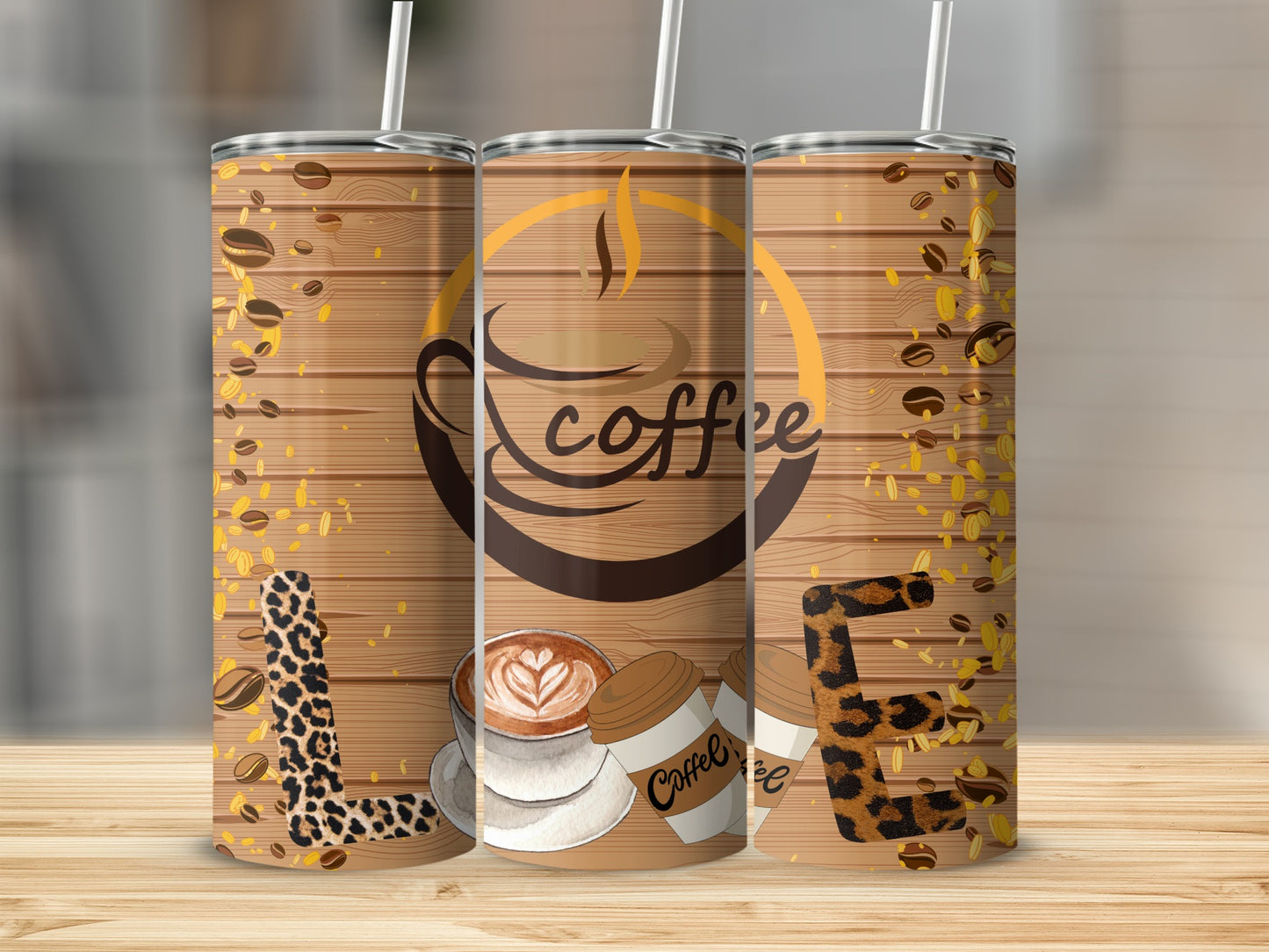 Leopard Print Coffee Themed Tumbler with Straw