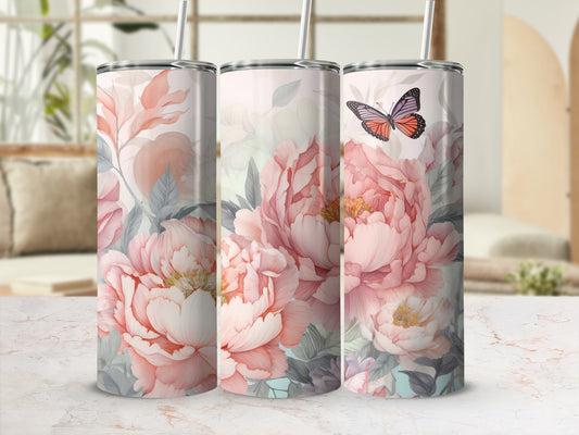 Three tall tumblers with a soft floral and butterfly design.