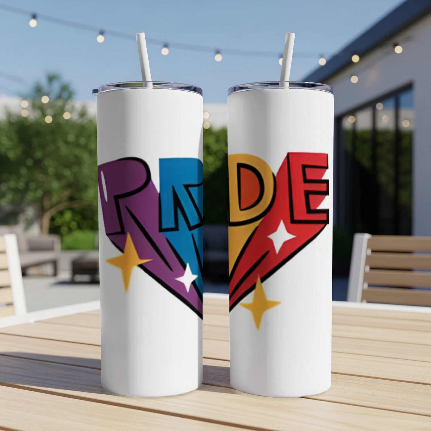 Two white tumblers with Pride heart design and colorful lettering.