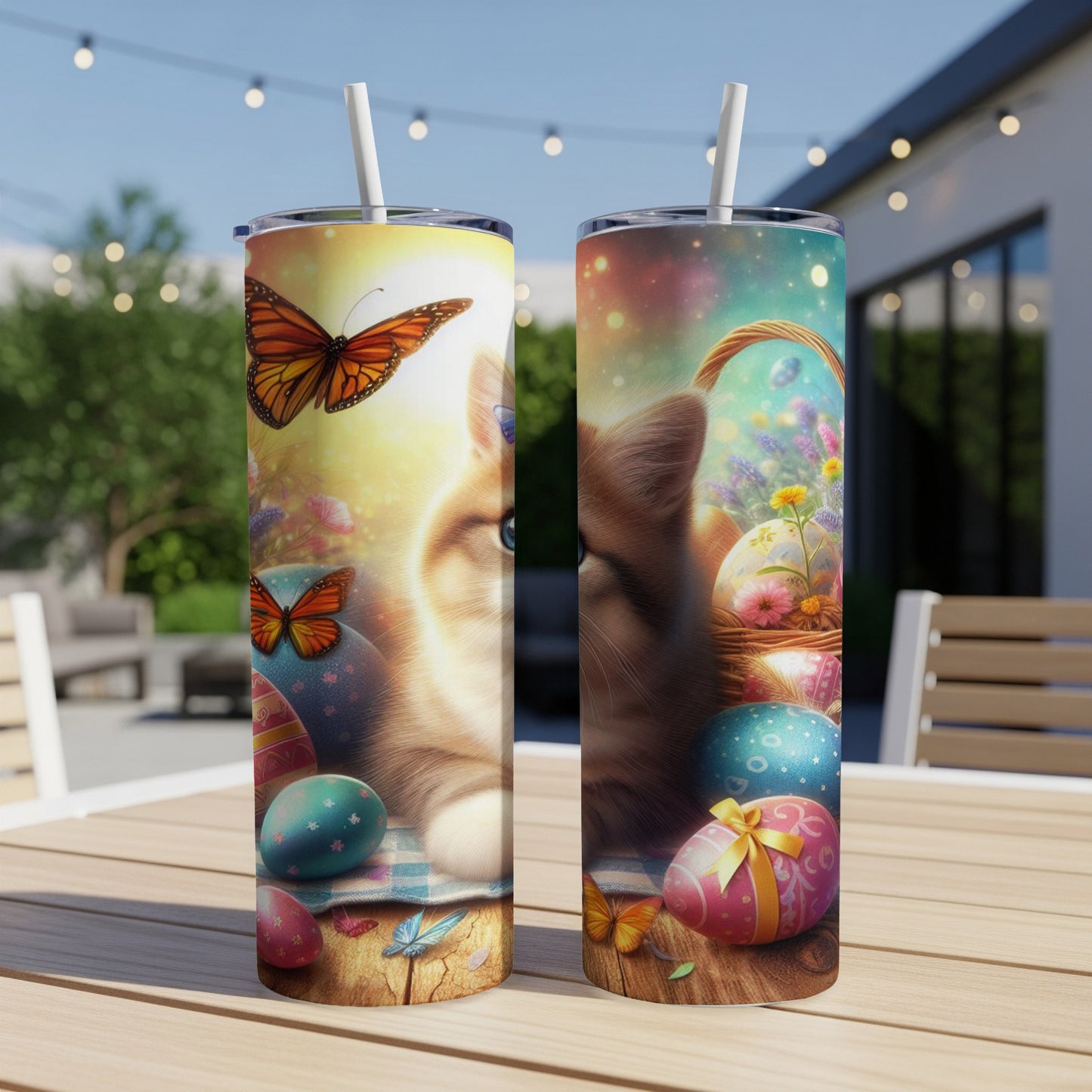 Cat face peeking from behind Easter eggs and butterflies on a tumbler.