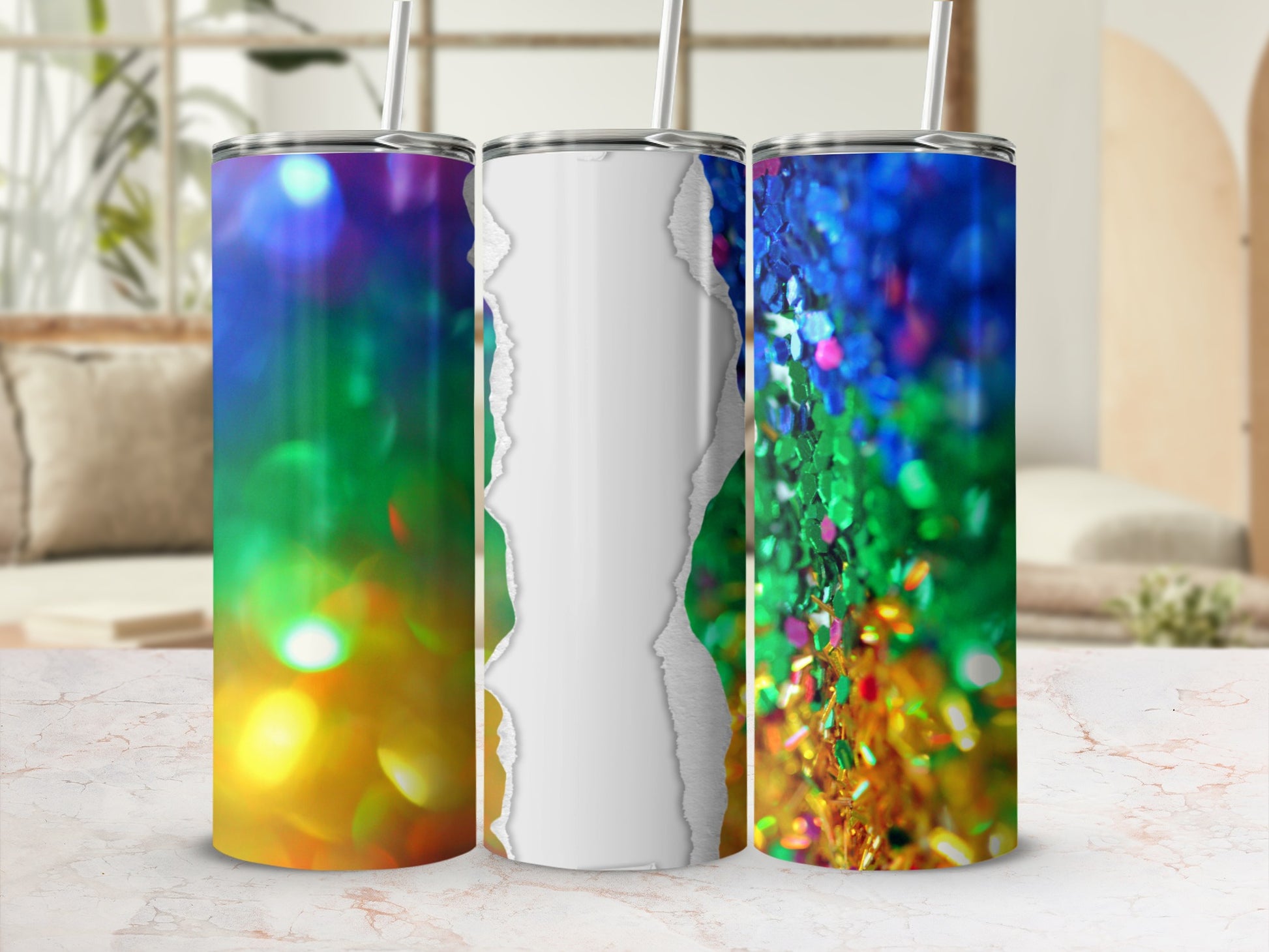 Glittery rainbow tumbler with ripped paper overlay and straw.