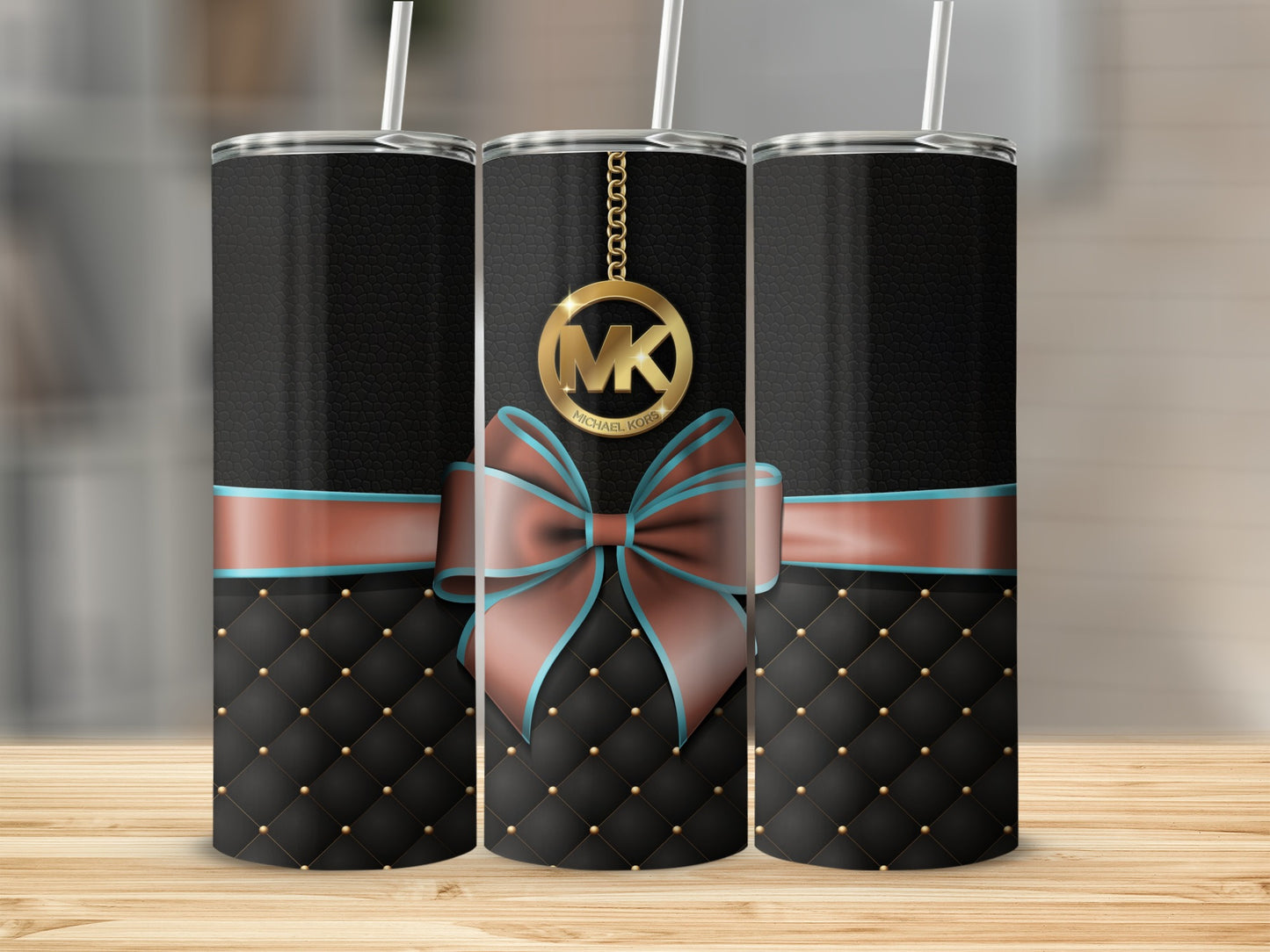 Elegant Black Tumbler with Blue and Brown Bow Design