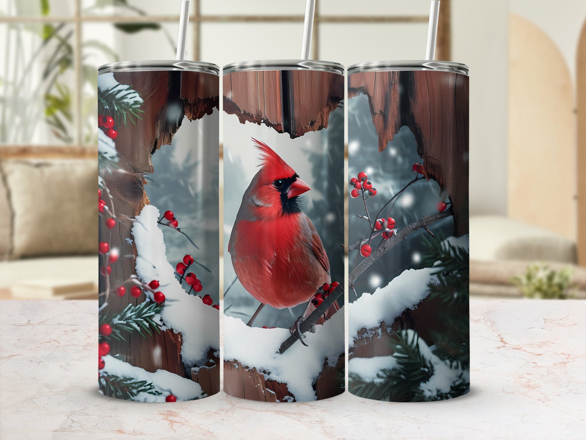 Cardinal on snowy branch in forest scene on three tumblers.