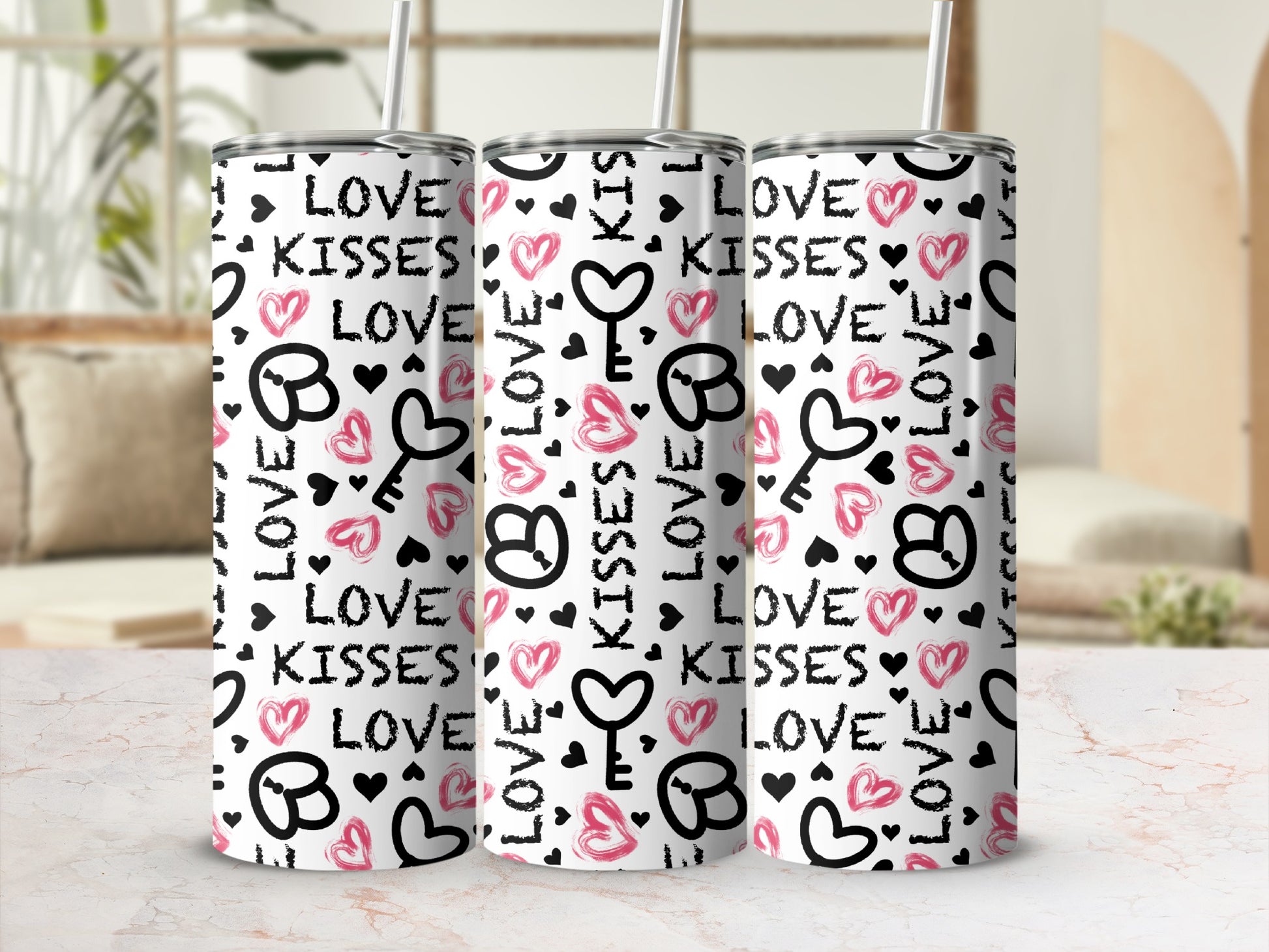 LOVE KISSES Hearts Keys White Pink Tumbler product type