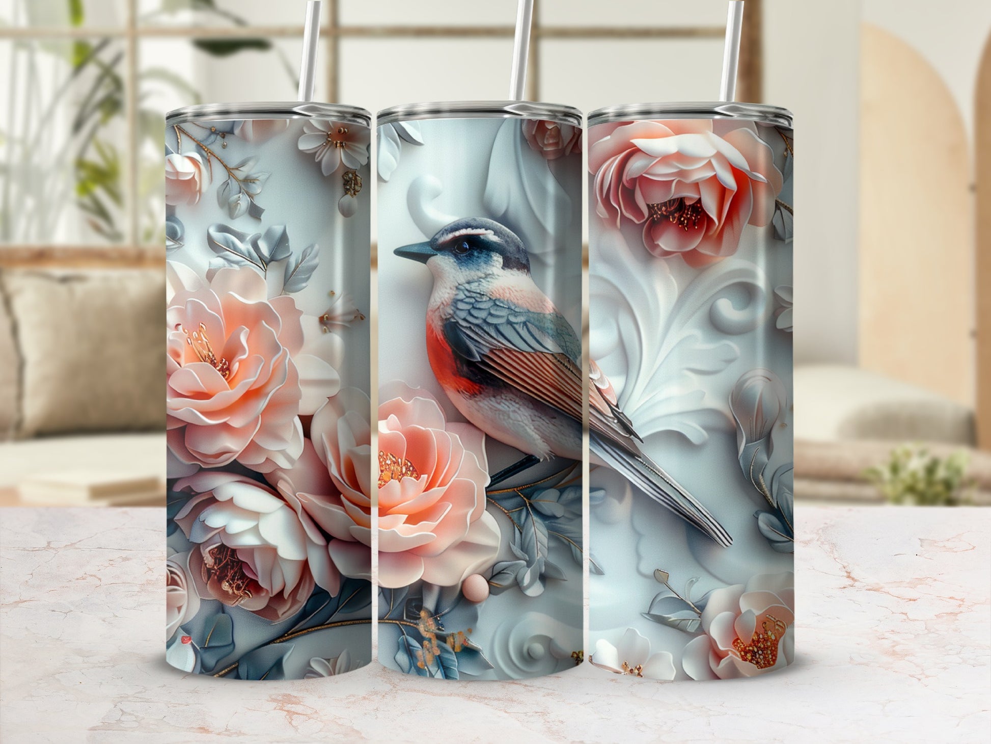 Floral bird tumbler with pink roses and swirling decorative elements.