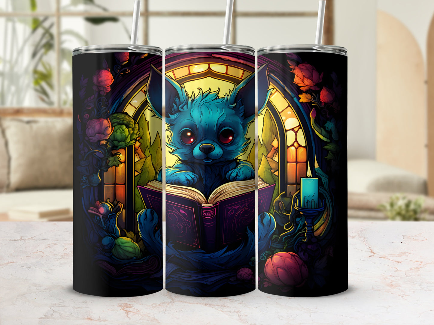 Blue mythical creature with red eyes reading a book, surrounded by flowers and a candle.