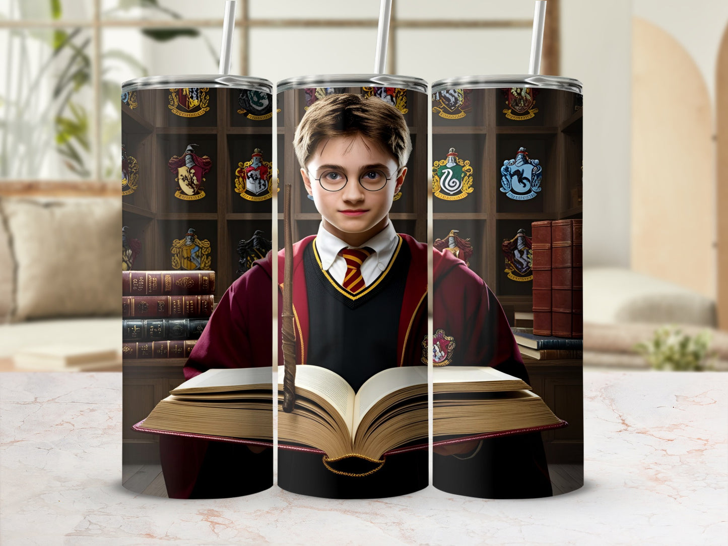 Harry Potter character reading open book, surrounded by Hogwarts crests.