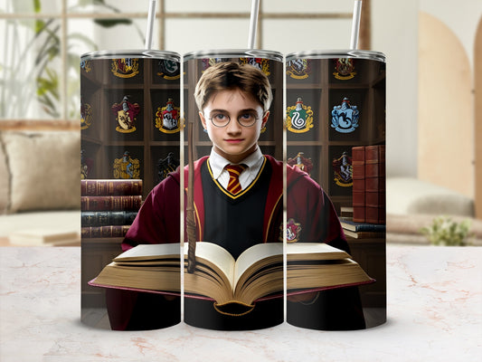 Harry Potter character reading open book, surrounded by Hogwarts crests.