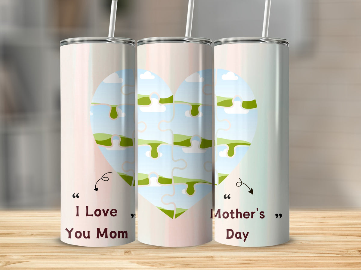 Three tumblers with a heart-shaped puzzle design, reading "I Love You Mom" and "Mother's Day."