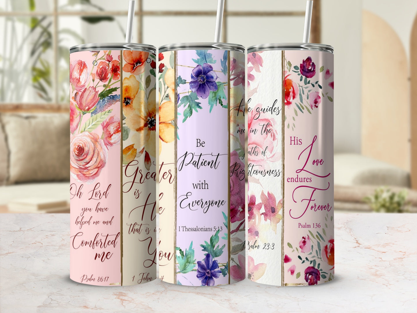 Floral tumbler with scripture: "Oh Lord you have helped me and comforted me."