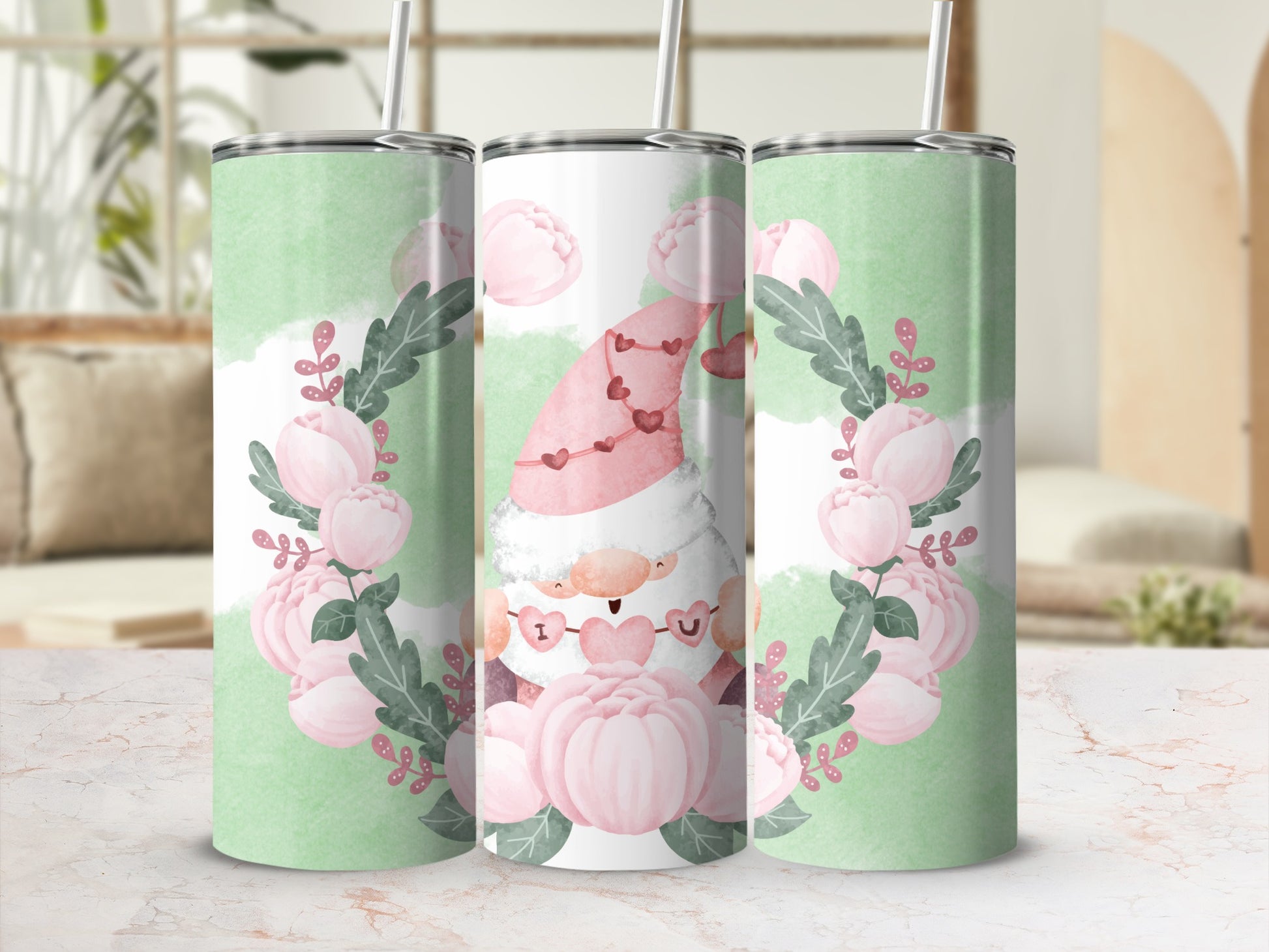 Santa Gnome with Pink Flowers Skinny Tumbler