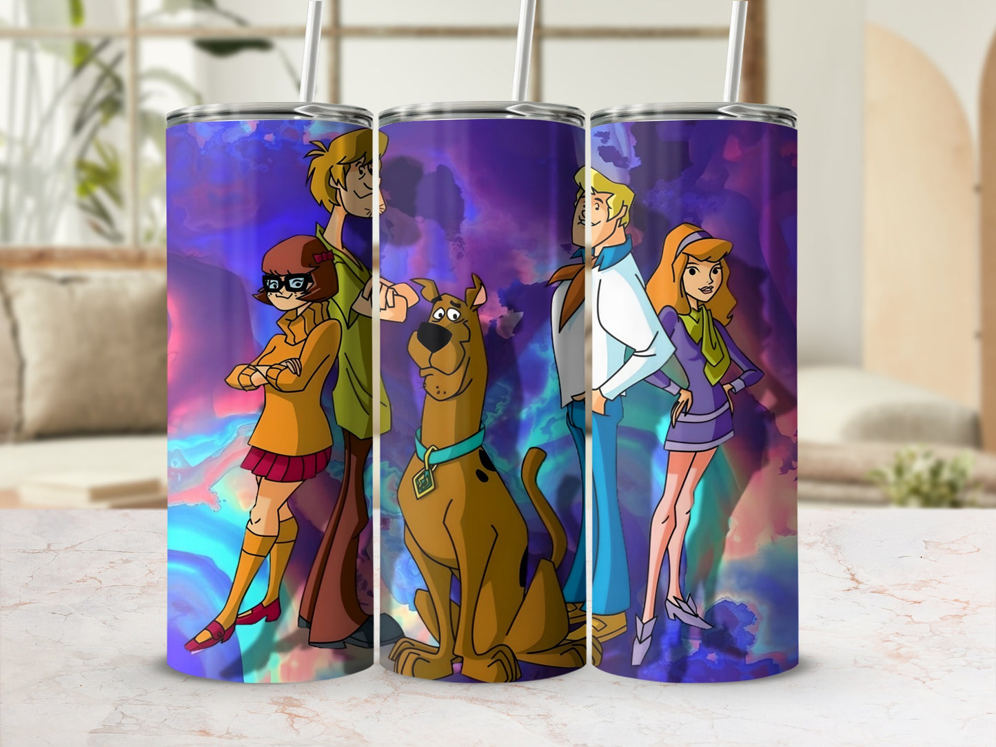 Scooby-Doo characters Shaggy, Scooby, and Daphne on a purple and blue abstract background.