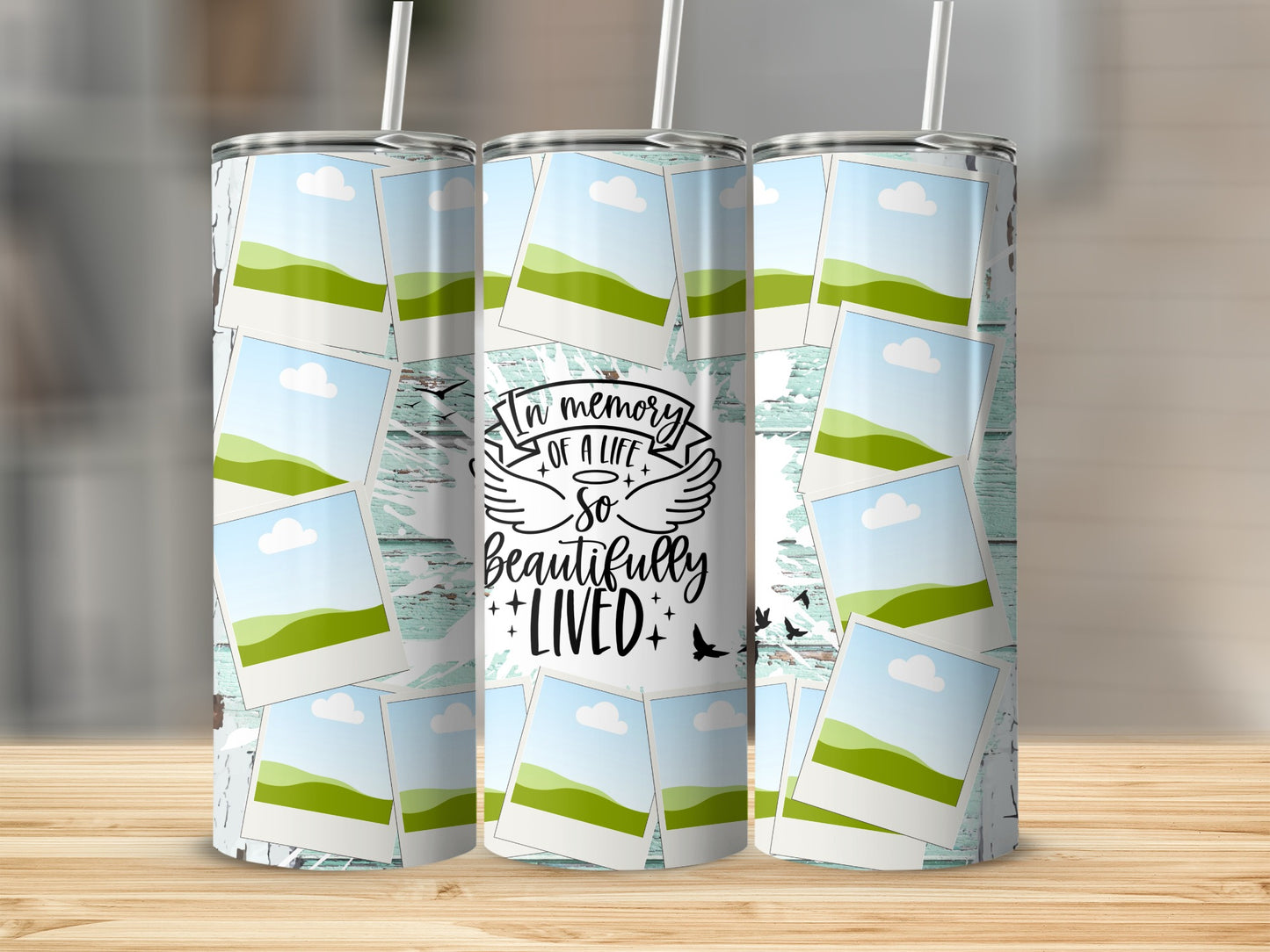 Tumbler with a collage of landscape photos and "In memory of a life so beautifully lived" text.