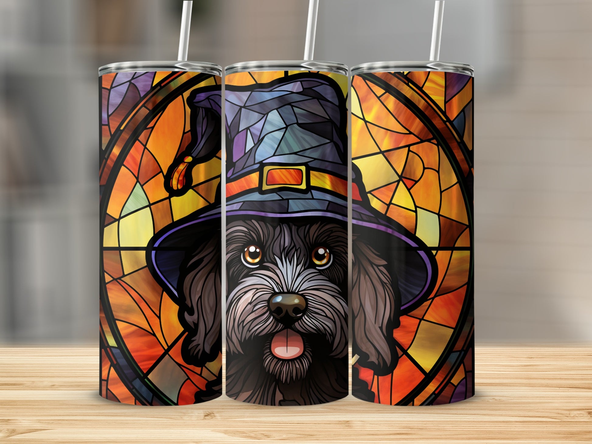 Black dog wearing a witch hat with stained glass background.