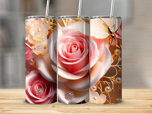 Pink roses and pearls adorn a triptych tumbler design with butterfly accents.