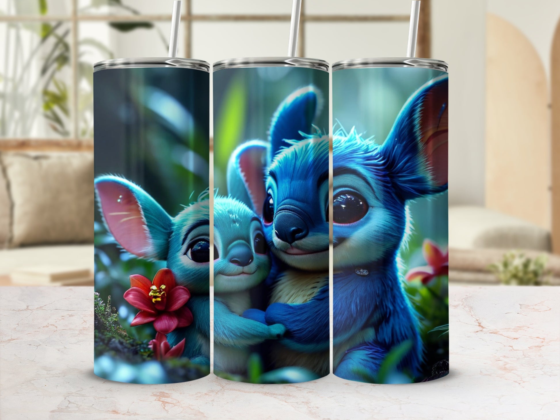 Three Stitch characters, two large and one small, on a tumbler.