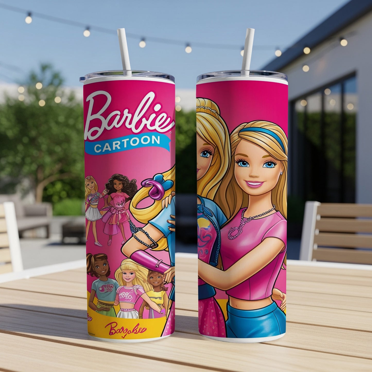 Barbie Cartoon tumbler with multiple Barbie characters and text.