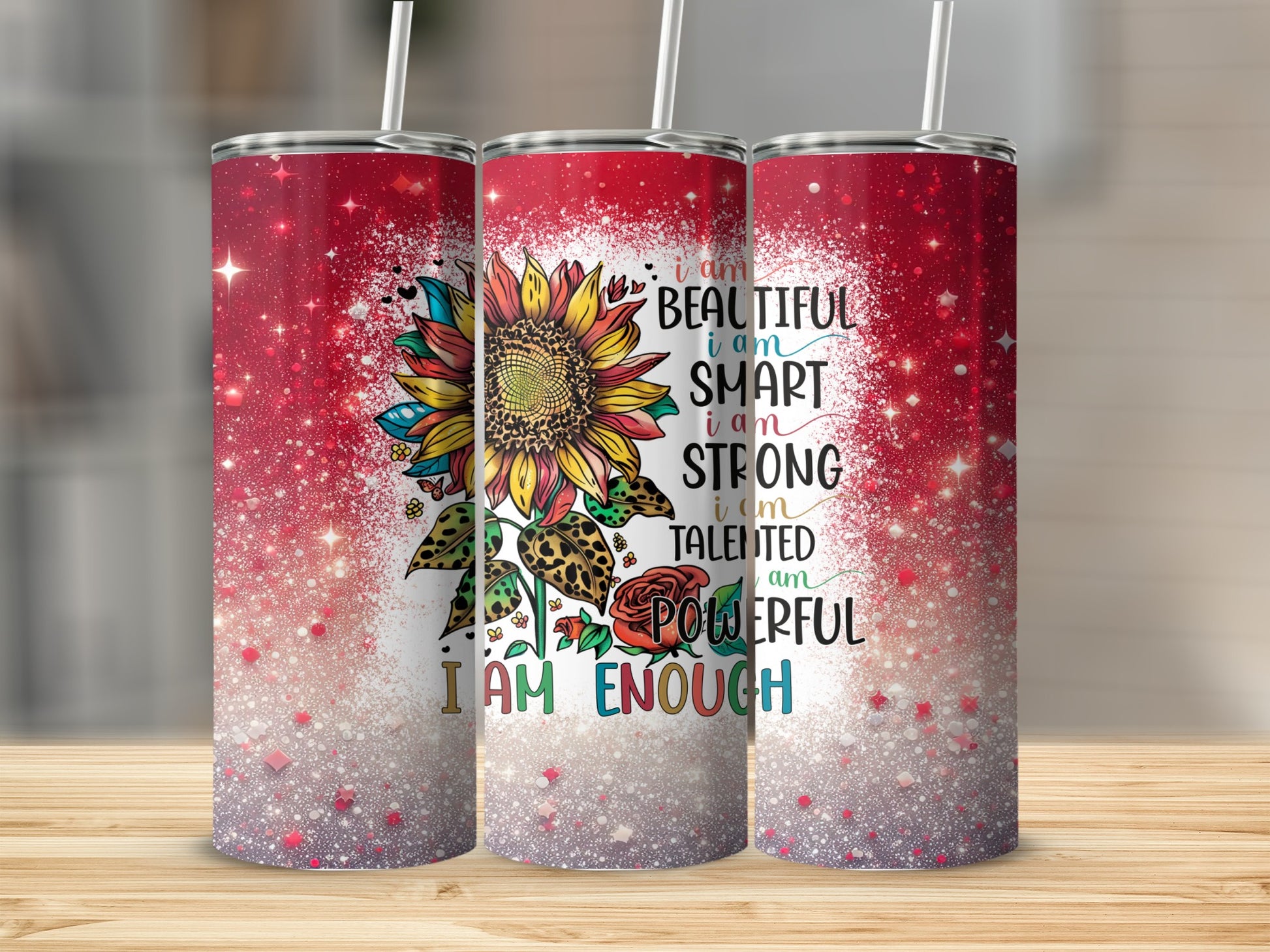 Sunflower tumbler with "I AM ENOUGH" text on a sparkling background.