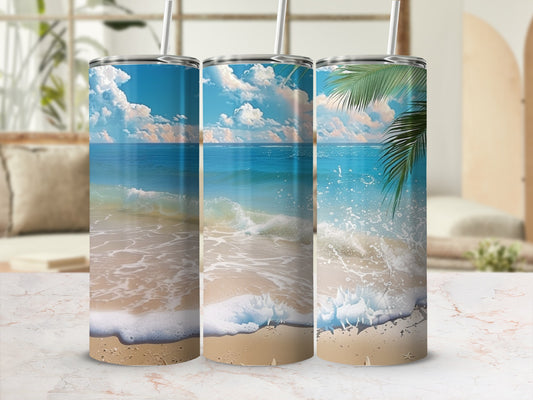 Three tumblers displaying a serene beach scene with waves and palm leaves.