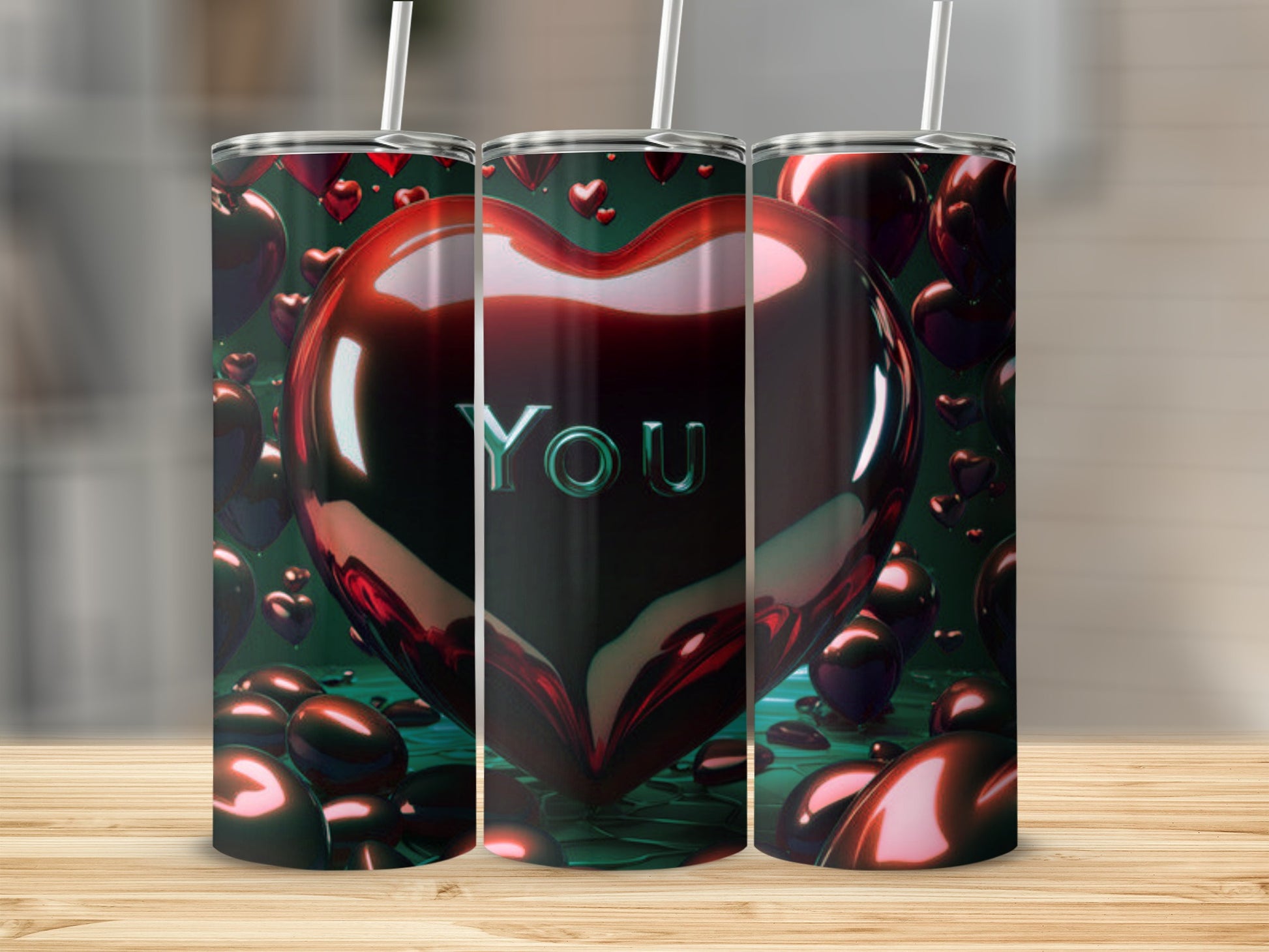 Triptych of tumblers with a shiny red heart and "YOU" text.