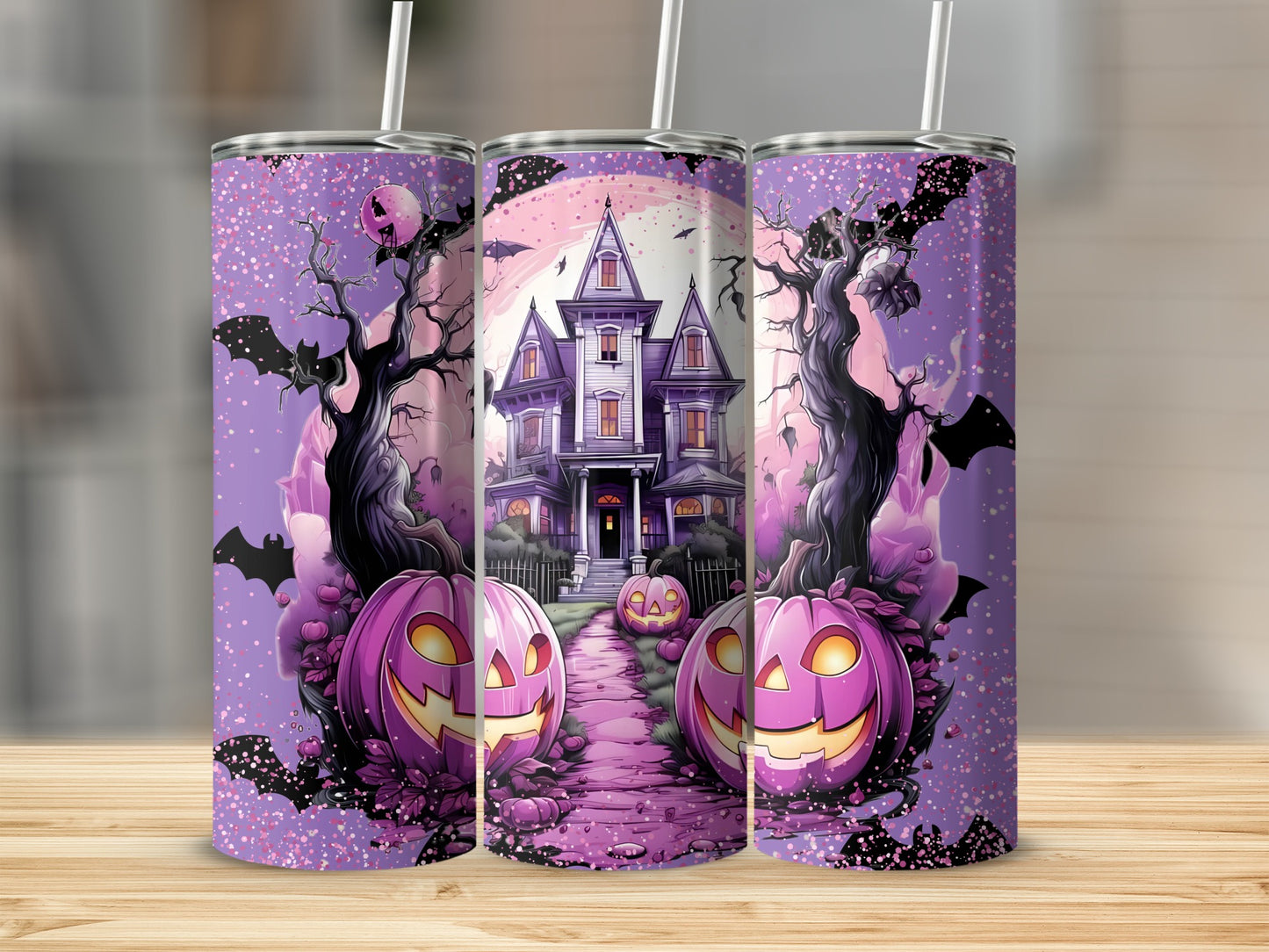 Spooky Halloween Haunted House and Pumpkins Tumbler