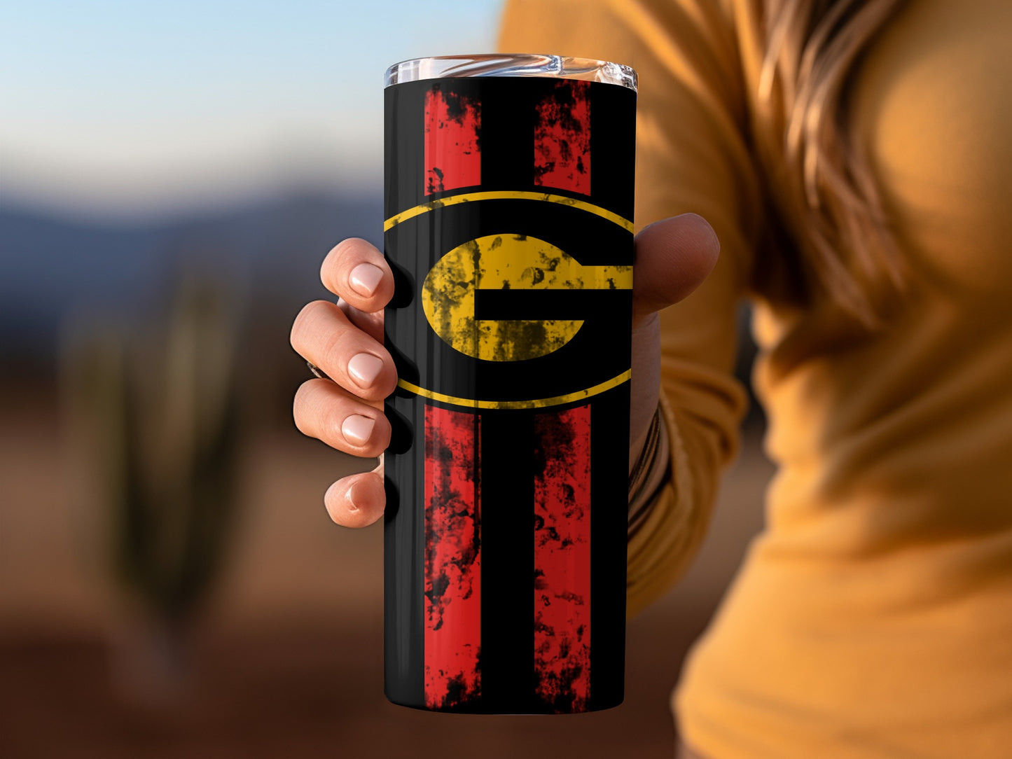 Grunge Red Black Tumbler with Bold Yellow Letter Design