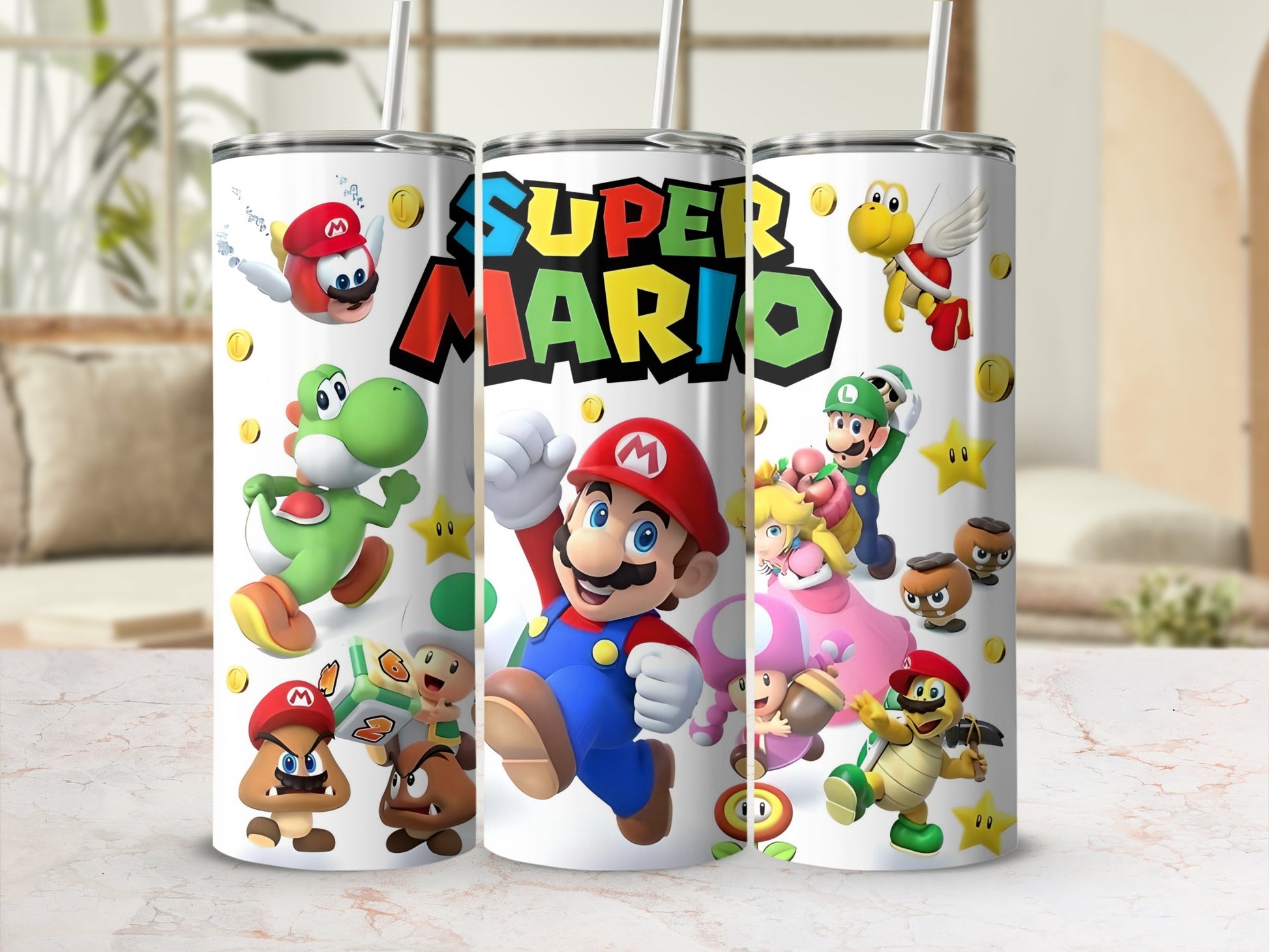 Super Mario Themed Tumbler with Characters and Coins