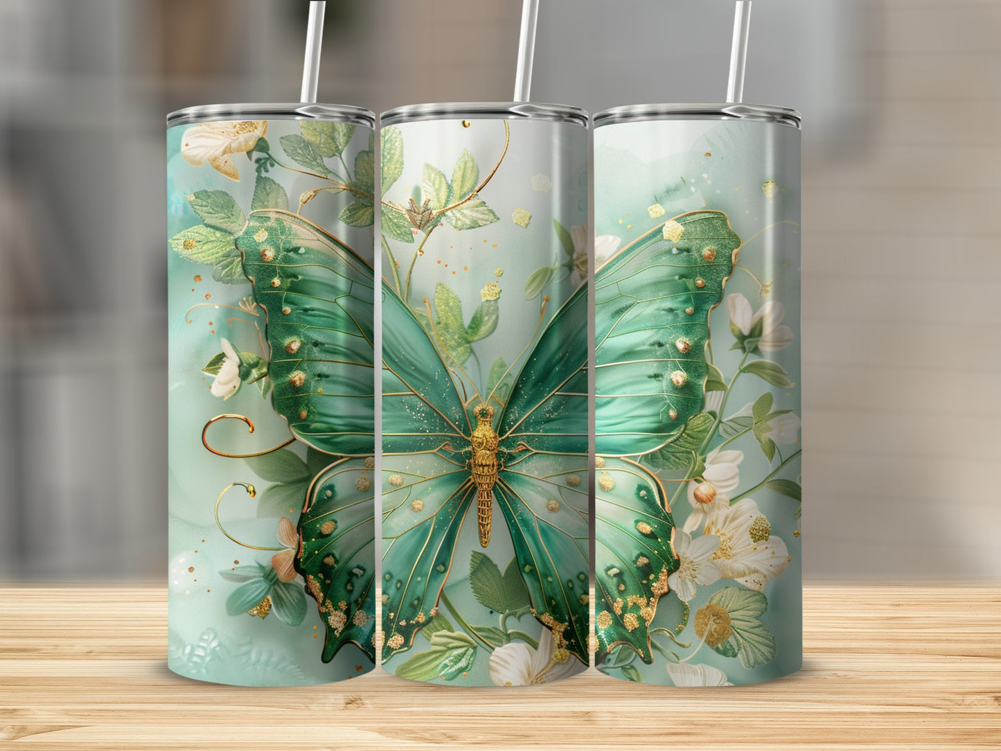 Exquisite Green Butterfly Design Insulated Tumbler