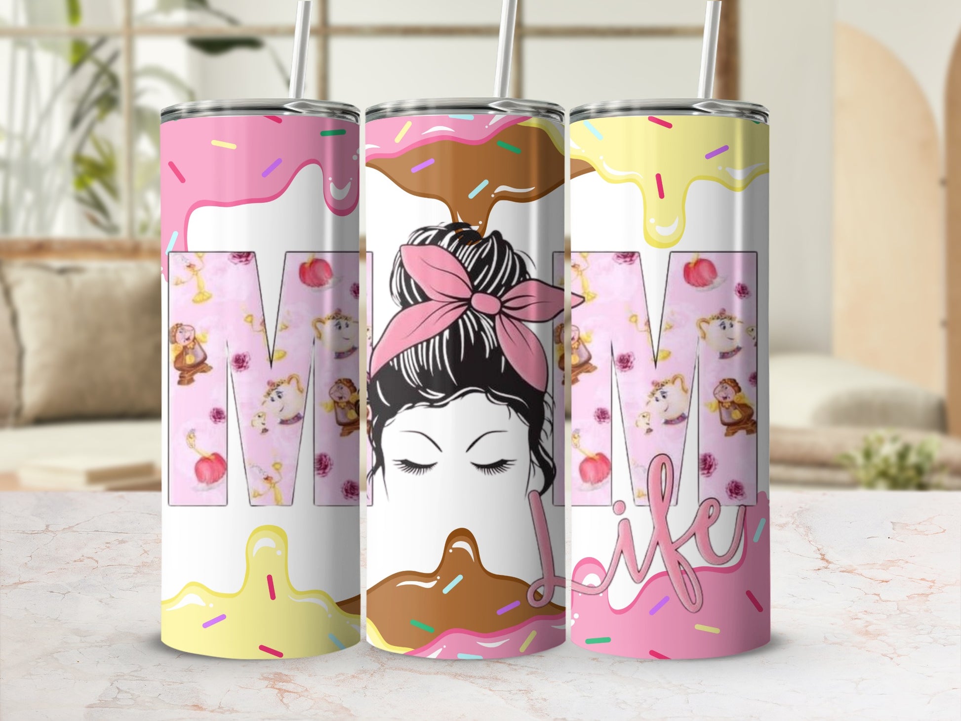Pink and Yellow Drizzle Mom Life Tumbler Product