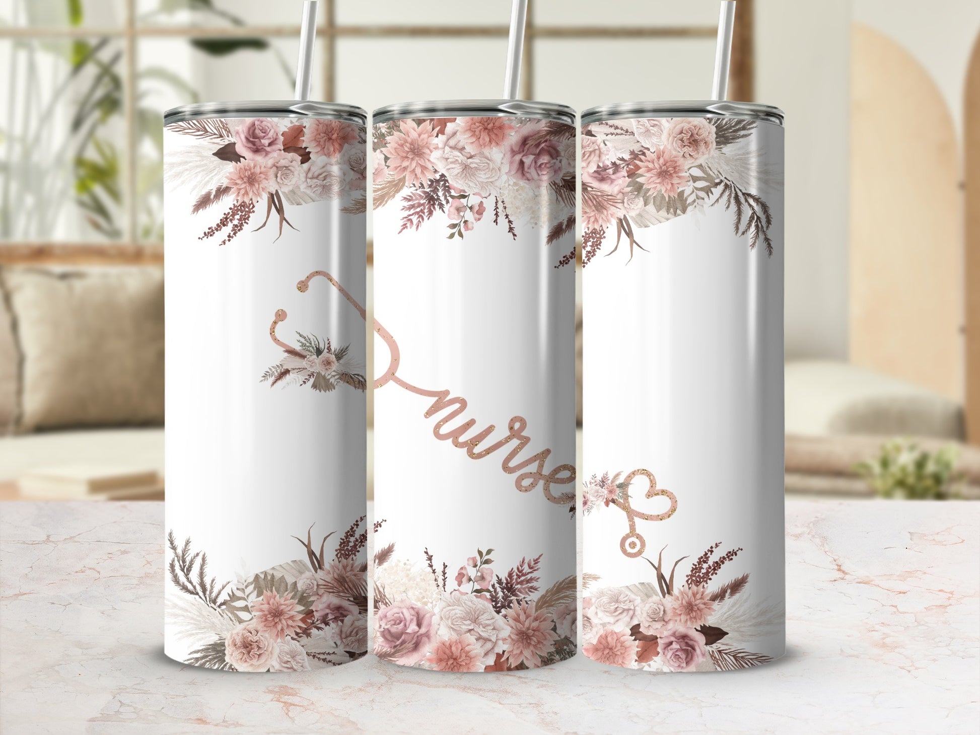 Floral stethoscope and "nurse" text on a white tumbler with straws.