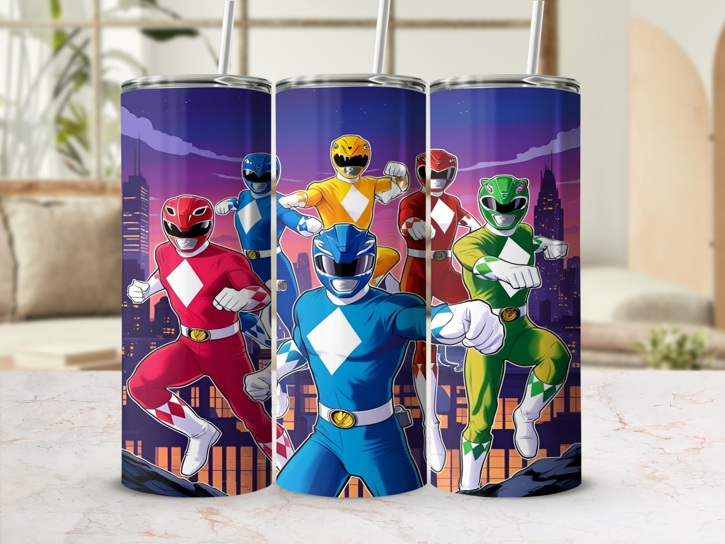 Five Power Rangers in a line against a city skyline.