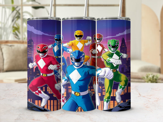 Five Power Rangers in a line against a city skyline.