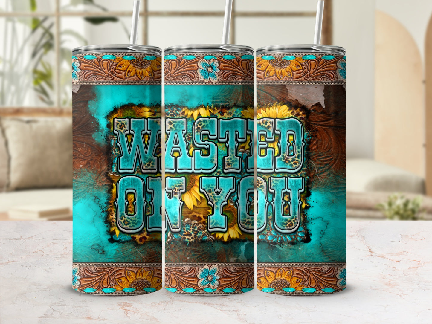 Turquoise tumbler with sunflowers and leopard print, reading "Wasted On You".