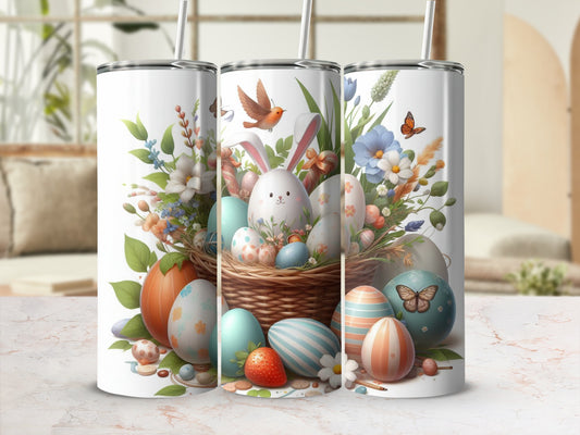 Easter-themed tumblers with colorful eggs, bunnies, flowers, and butterflies.