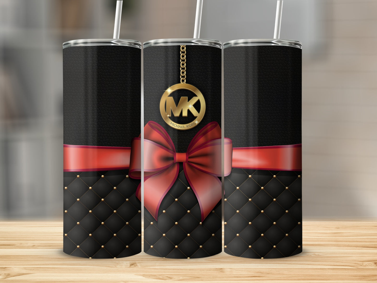 Elegant Tumbler with Black Quilted Design and Red Bow