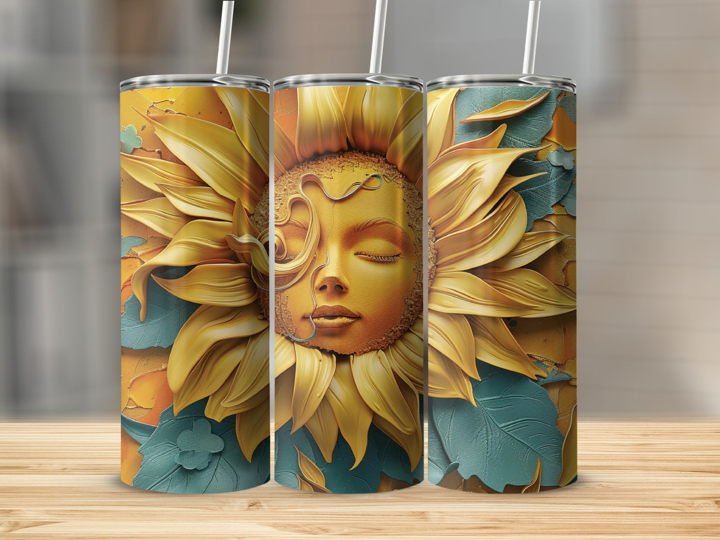 Sunflower face design on three tumblers with straw.