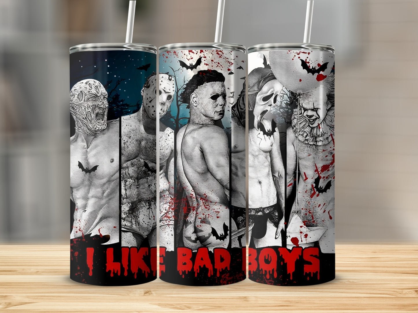 Tumbler featuring Freddy Krueger, Jason Voorhees, Michael Myers, and Pennywise with "I Like Bad Boys" text.
