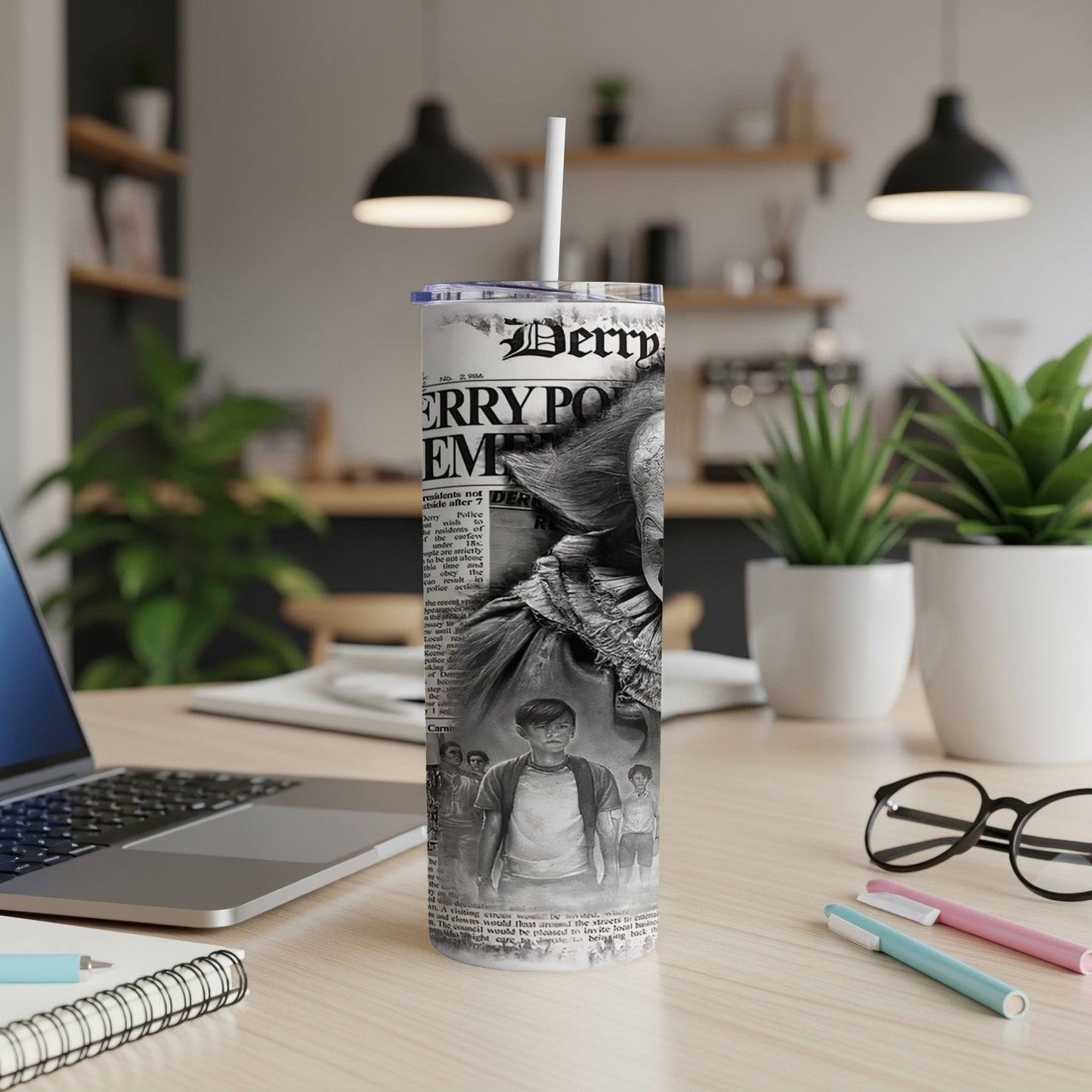 Tumbler featuring the "It" movie poster with Pennywise and the Losers Club.