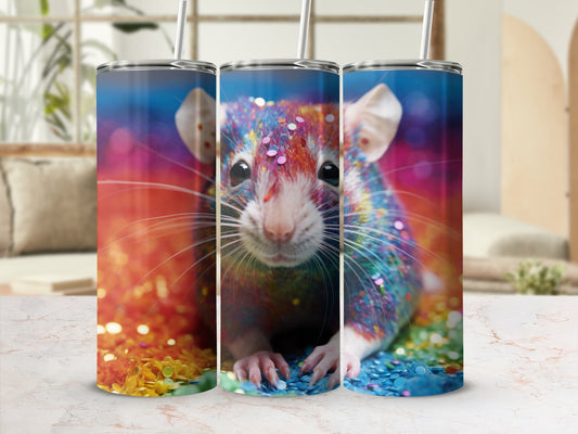 Glittery rat on a colorful, sparkling background.