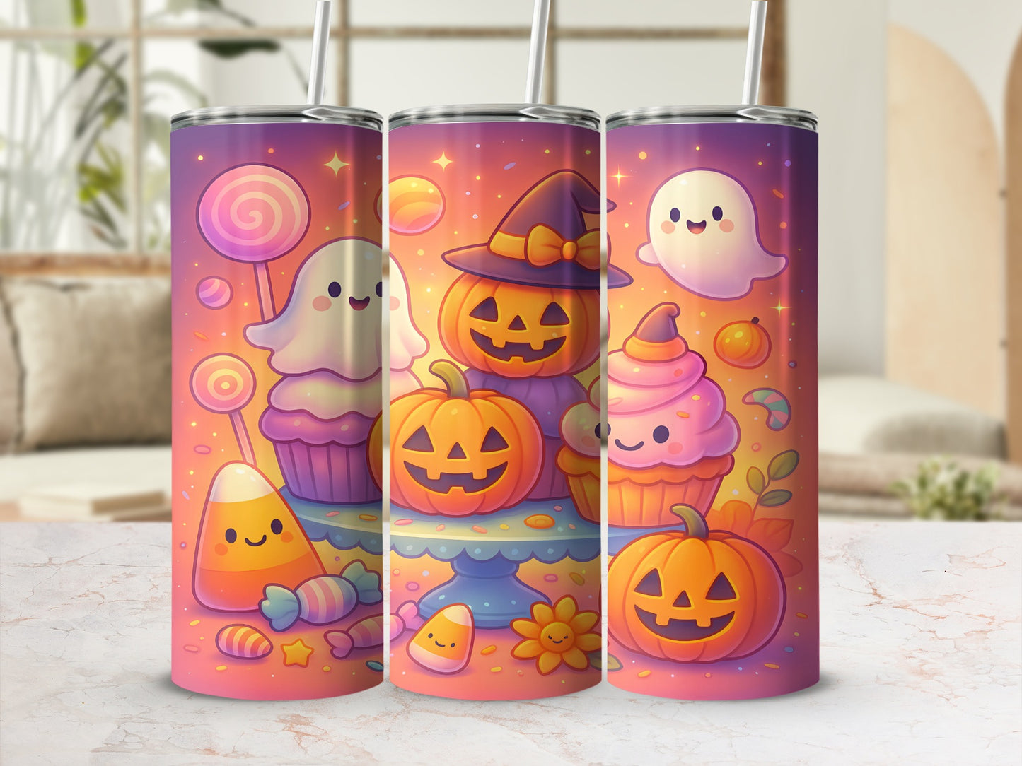 Three tumblers with cute Halloween ghosts, pumpkins, cupcakes, and candy designs.