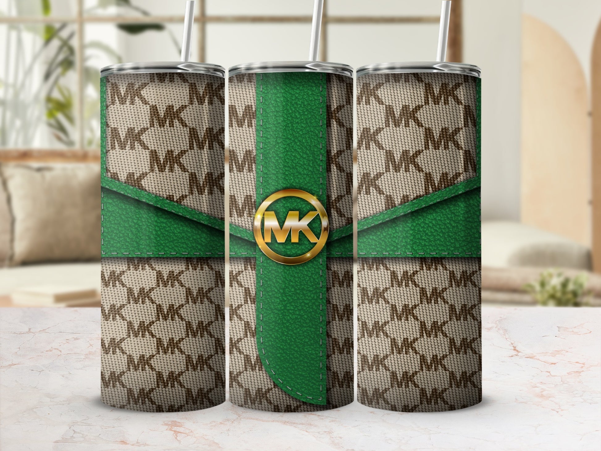 MK Patterned Green and Beige Stainless Steel Tumbler