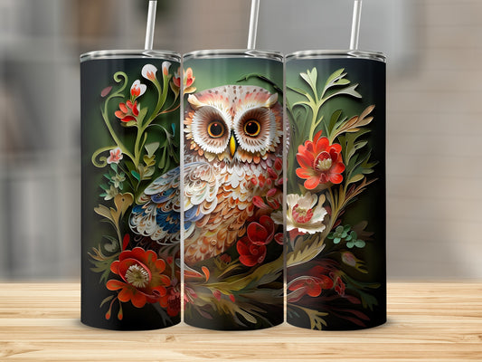 Triptych of tumblers featuring a detailed owl amidst colorful flowers.